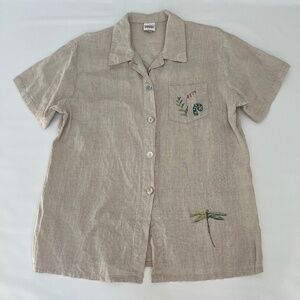 Vtg Odile Art To Wear Women's M Tan Linen Hand Painted  Button Tunic Made in USA
